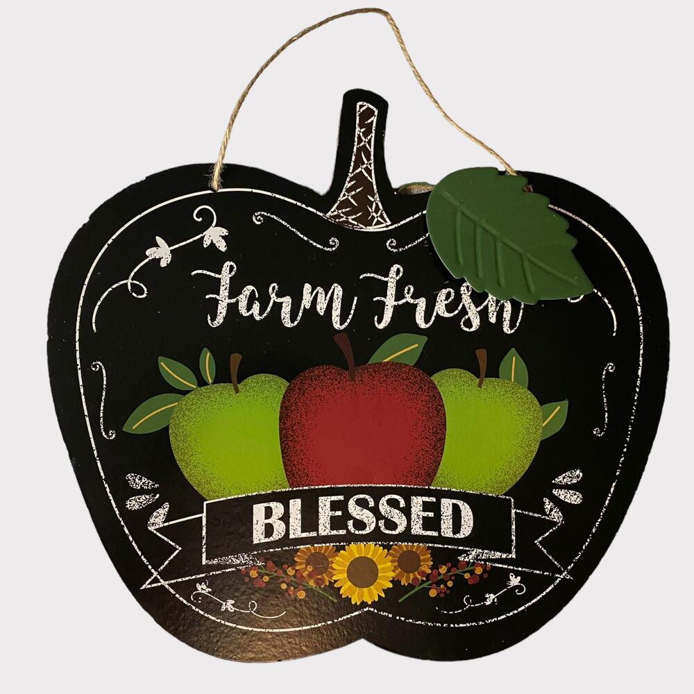 FARM FRESH BLESSED Black Apple Hanging Wall Door Sign Rustic Look Decor